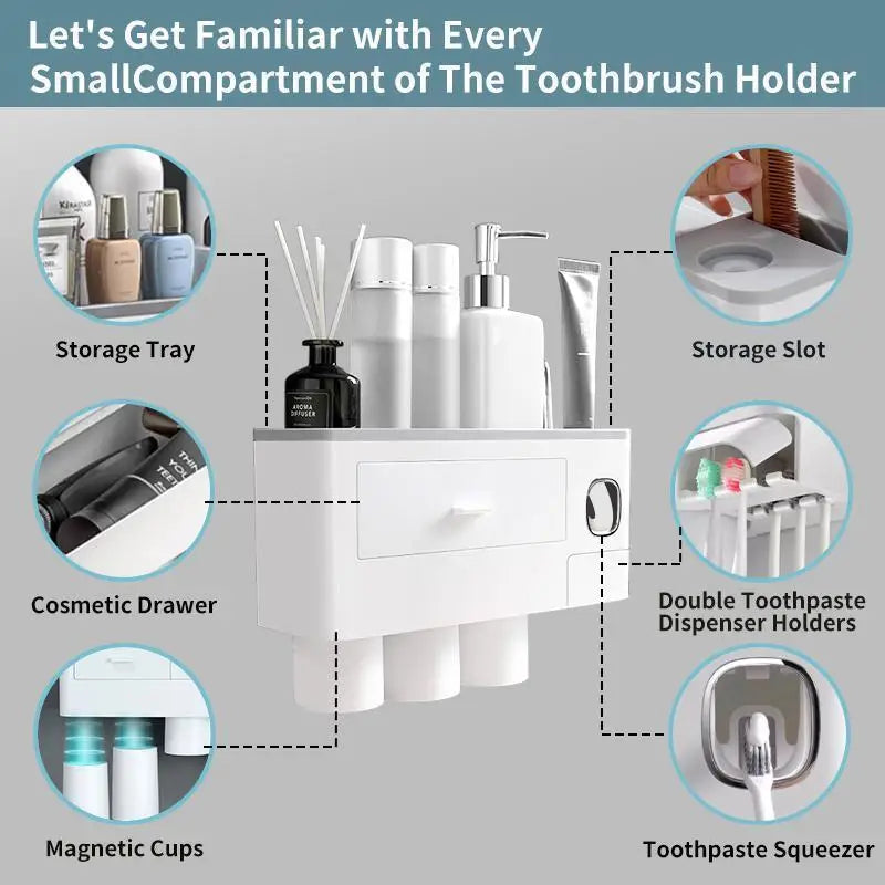 SmileNest Magnetic Bathroom Organizer – Toothbrush Holder, Toothpaste Dispenser & Storage Tray