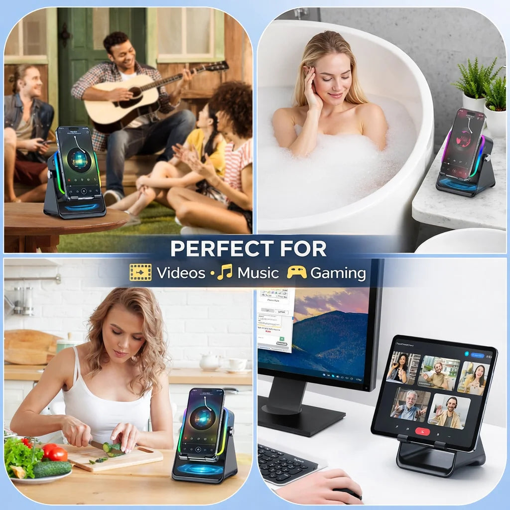 LumiBeat — 5-in-1 Wireless Induction Speaker with Phone Stand & RGB Ambient Light