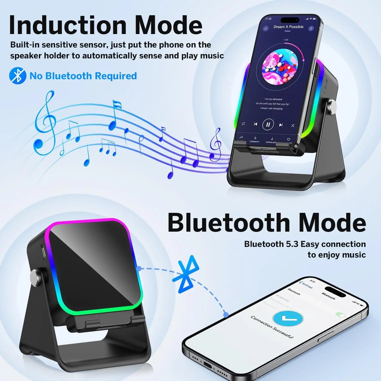LumiBeat — 5-in-1 Wireless Induction Speaker with Phone Stand & RGB Ambient Light